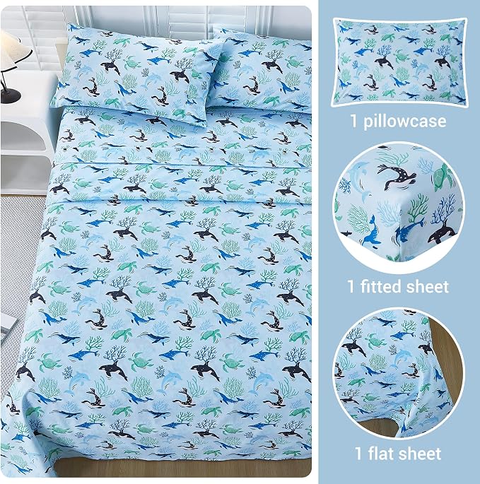 Viviland 3 Pieces Boys Blue Ocean Twin Sheet Set - Soft Microfiber Fitted Flat Sheets & Pillowcase - Blue Ocean Whales, Sea Turtles, Marine Organisms Bedding Sets - for Kids & Toddlers