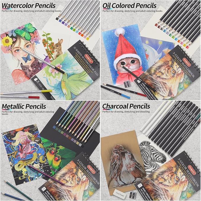 PANDAFLY 80 Drawing Set Sketching Kit, Art Supplies with 3-Color Sketchbook & Watercolor Paper, Include Tutorial, Colored, Graphite, Charcoal, Watercolor & Metallic Pencil, for Beginners & Pro Artists