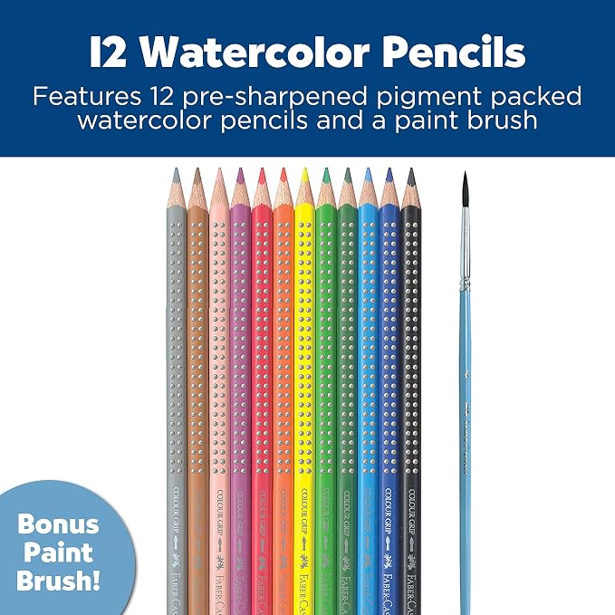 Faber-Castell Grip Watercolor EcoPencils: 12 Watercolor Pencils with Brush, Color Pencil Set, Art Supplies for Kids