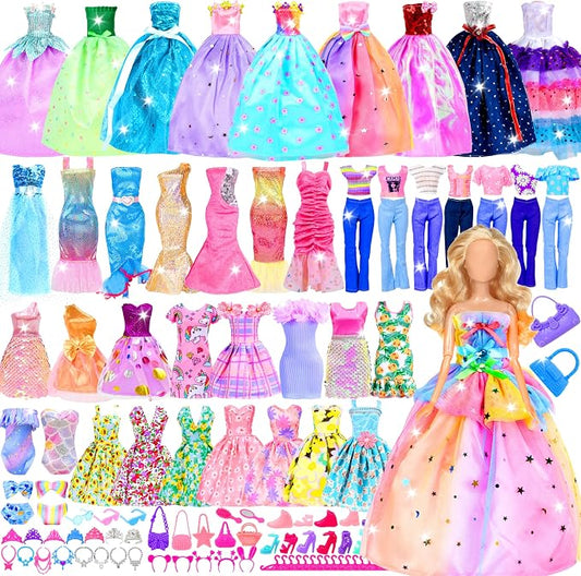 82 Pack Doll Clothes and Accessories - 2 Princess Dresses 1 Evening Dresses 5 Fashion Dresses 2 Tops 2 Pants 2 Bikini Swimsuits 20 Shoes 48 Accessories Size Suit for 11.5" Dolls for Ages 6 7 8 9 10