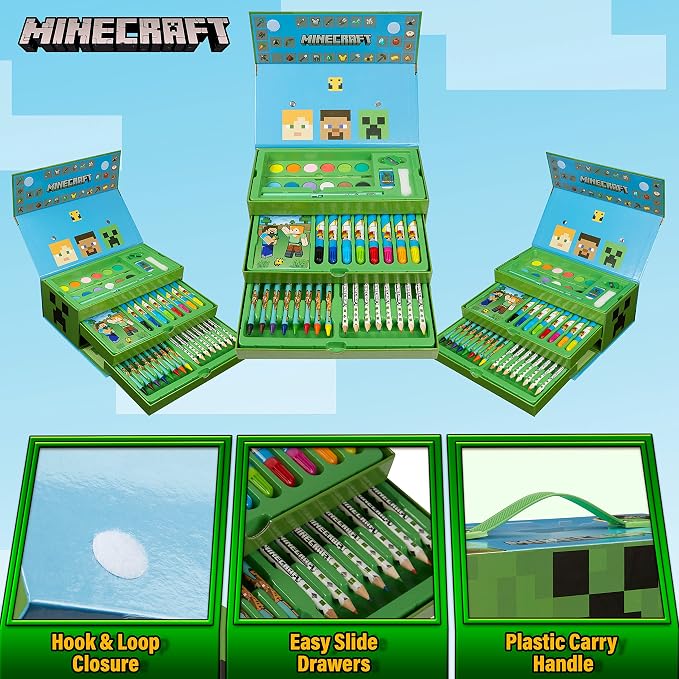 Minecraft Colored Pencils Art Supplies Set Crayons Watercolor Paints Colored Markers Coloring Drawing Kit Creeper Art Set Case Gamer Gifts for Boys