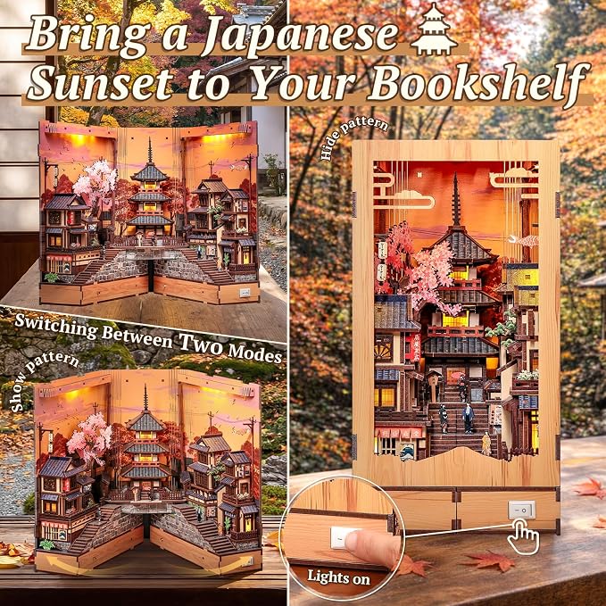 Japanese Book Nook Kit - 3D Wood Puzzles for Adults (Twilight Sakura Path) | DIY Miniature House Kit Bookshelf Diorama Creative Gift for Women