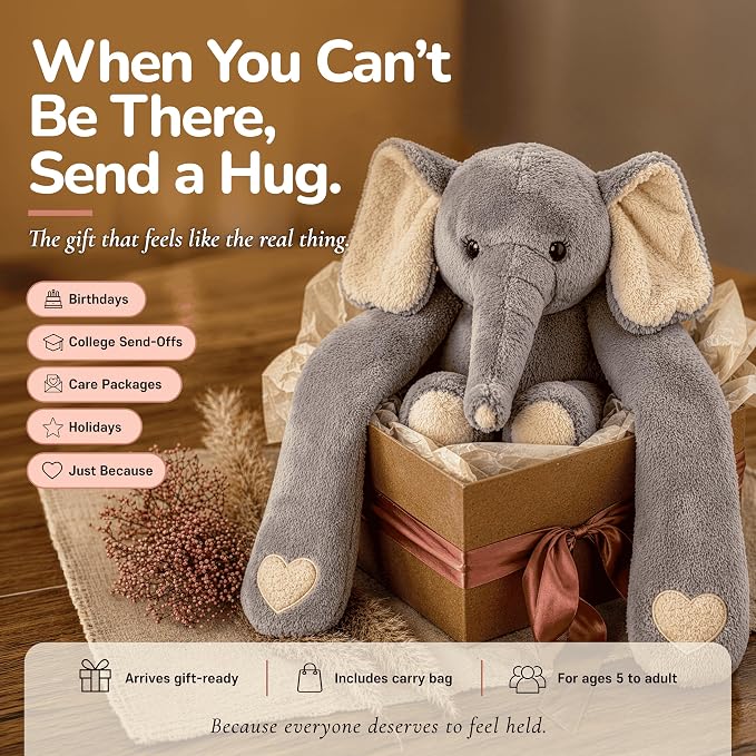 Huggle Healers Weighted Stuffed Animals for Adults, Teens and Kids - 36 Inch Long Plush Arms for Hugs - 4.5lb Elephant Stuffed Animal Plushies - Hathi Elephant