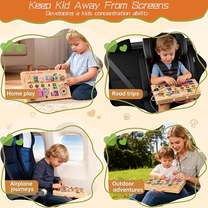 flycoost My Busy Home Montessori Busy Board for Toddlers 1-3, Wooden Sensory Activity Board with Switches, Lights, Clock, Kitchen Appliances Toys, Educational Busy Board for 1+ Year Old Boys Girls