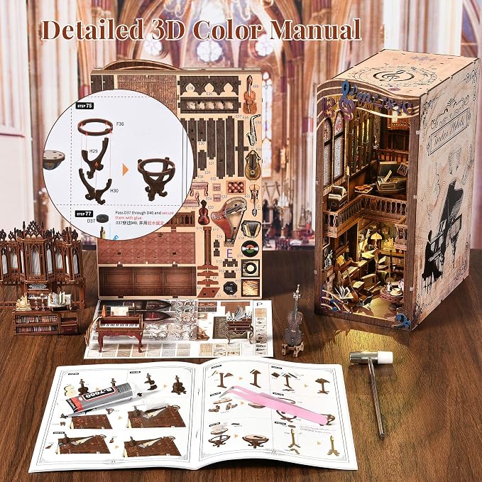 fifijoy Book Nook Kit Music, DIY Miniature House Kit Book Nook, 3D Wooden Puzzle Bookshelf Insert Diorama Kit with Led Light for Teens and Adults (Timeless Melody)