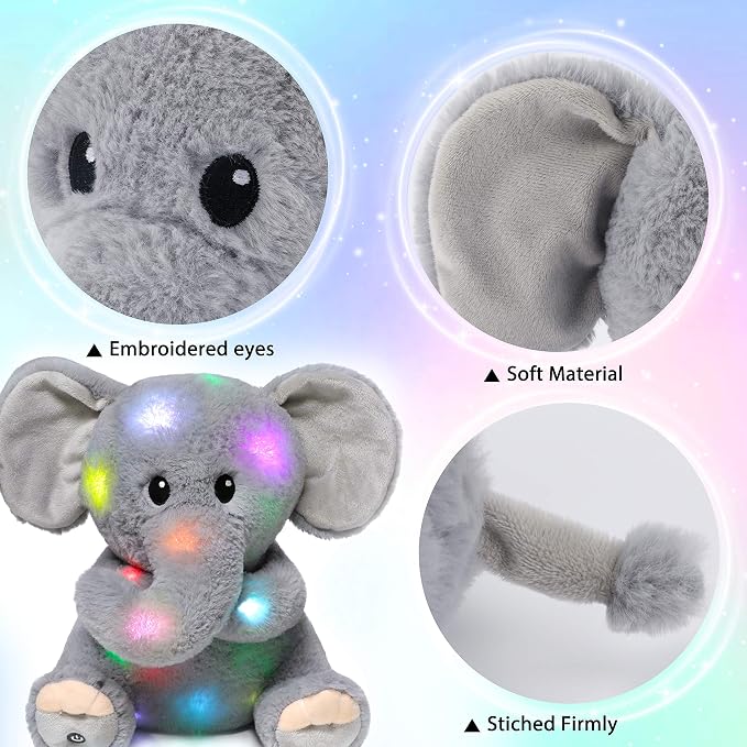 Hopearl LED Plush Elephant Lighting Up Stuffed Animal Floppy Night Lights Glow in The Dark Birthday Festival for Kids Toddler Girls, Gray, 11''