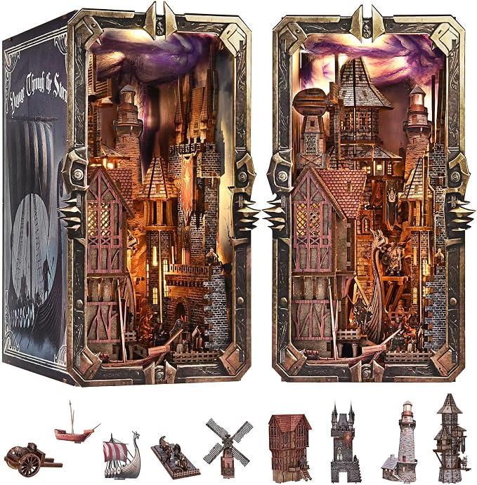 fifijoy Viking Book Nook Kit - DIY Miniature House Dollhouse Kit for Adults Teens, Booknook Tiny House Bookshelf Insert Decor 3D Wooden Puzzle, Gifts for Family, Friends (Voyage Through the Storm)
