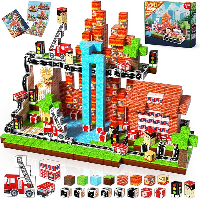 Goody King Magnetic Blocks|100PCS Fire Truck Magnetic Building Cube Game,Constructions Toys for Boys & Girls Age 3-4,5-8 9 10,STEM Montessori Stacking Toy,Sensory Tiles Building Birthday for Toddlers