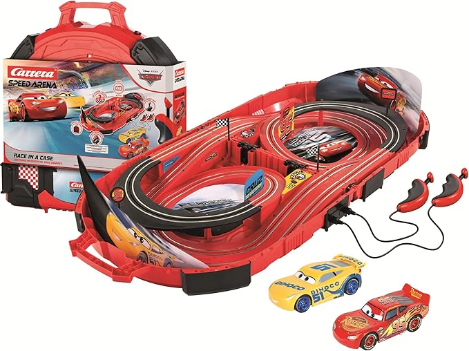 Carrera Speed Arena Cars Slot Car Race Track Set – Lightning McQueen | Portable slot car track toy, race-in-a-case design, includes McQueen & Ramirez cars, travel-friendly for kids, easy setup