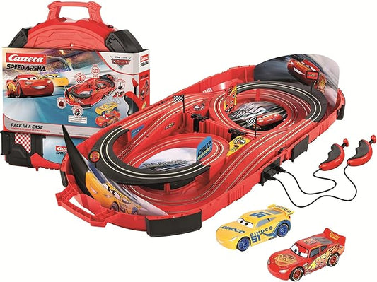 Carrera Speed Arena Cars Slot Car Race Track Set – Lightning McQueen | Portable slot car track toy, race-in-a-case design, includes McQueen & Ramirez cars, travel-friendly for kids, easy setup