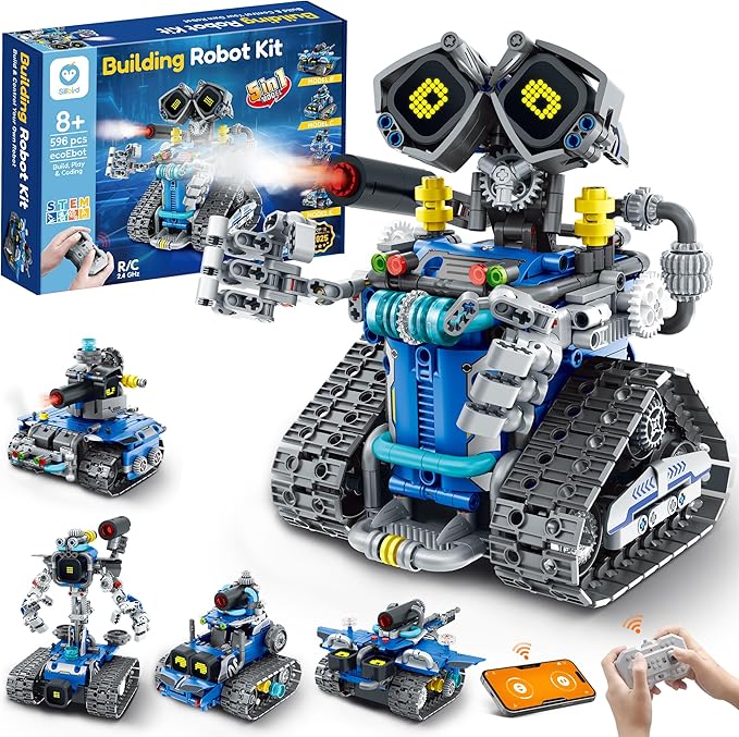 Sillbird STEM Robot Building Kit with Remote Control Gifts for Boys Ages 8-14, Buildable 5in1 Robotics Coding Toy for Kids Birthday with 596 Pieces