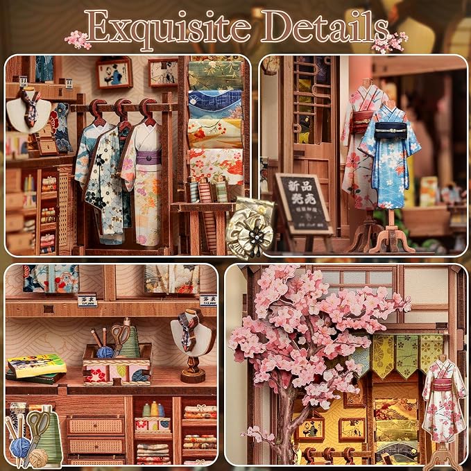 CUTEBEE Book Nook Kit - Japanese Sakura Kimono Shop DIY Dollhouse 3D Wooden Puzzle Booknook for Adults and Teens, Miniature House Bookshelf Decor, Ideal Gift for Family and Friends