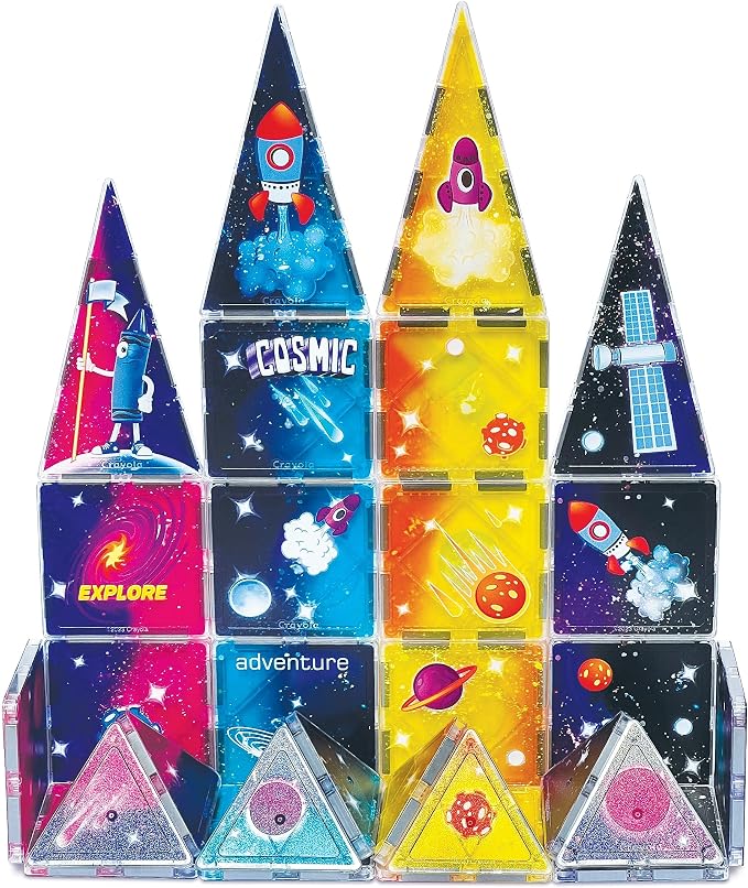 CreateOn Crayola Magnetic Tiles, Building Set for Kids, Magnetic Blocks, Travel Toys, Classroom Sensory Toys, STEM & Montessori Tools for Boys & Girls Ages 3+, 24-Piece Set (Cosmic)