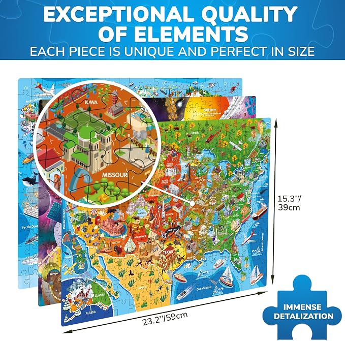 Adducate Puzzles for Adults 500 Pieces - 3 Set Floor Puzzles for Adults - Learning Map of The United States World Space - Educational Games - Toys for 15 Year Old Boys and Girls