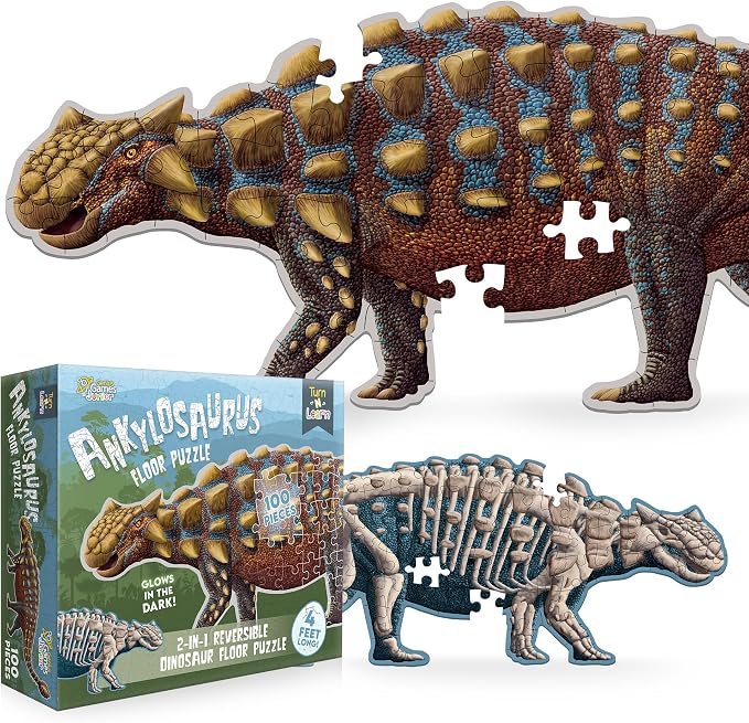 Ankylosaurus Dinosaur Jigsaw Puzzle | 100-Piece Double Sided Floor Puzzle with Glow-in-the-Dark Skeleton On Other Side | 4 FT Scientifically Accurate Dino Illustration | Educational Toy for Kids