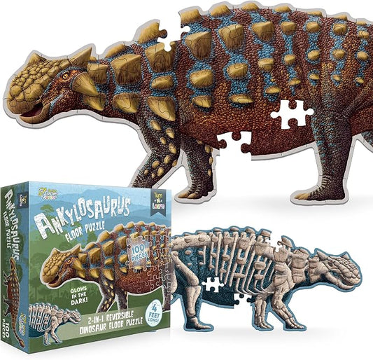 Ankylosaurus Dinosaur Jigsaw Puzzle | 100-Piece Double Sided Floor Puzzle with Glow-in-the-Dark Skeleton On Other Side | 4 FT Scientifically Accurate Dino Illustration | Educational Toy for Kids