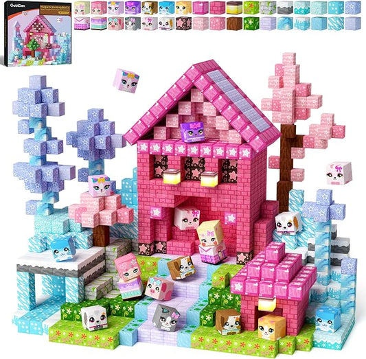 Magnetic Blocks — GobiDex 100PCS Kids Pink Princess Castle Building Blocks Set, Enchanting Cottage with Cute Pets for Girls Age 3+, STEM Sensory Building Toy for Toddler Birthday Gift