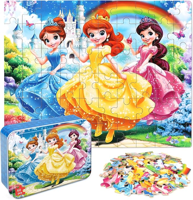MZZOTOY Princess Puzzles for Kids Ages 4-8, 60 Pieces Jigsaw Puzzles for Kids Ages 3-5 Puzzle for Girls and Boys Learning Educational Puzzles Toys in a Metal Box