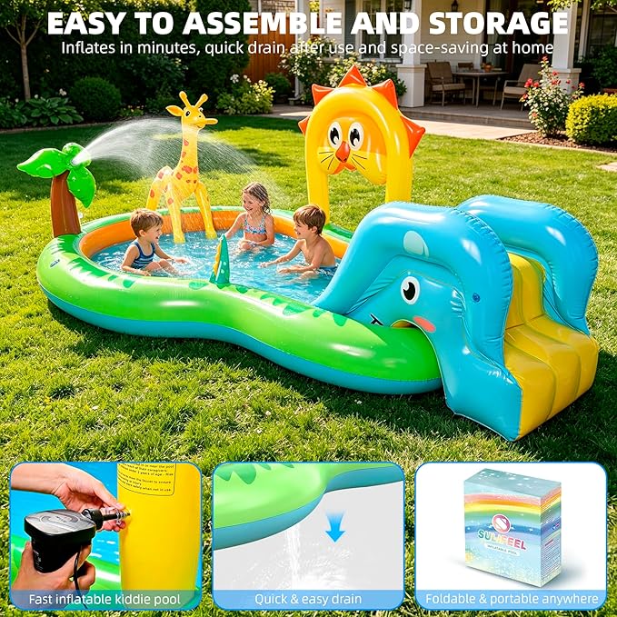 SULIFEEL 2026 Inflatable Jungle Kids Pool, Large Inflatable Toddler Happy Play Center with Water Slide & Sprinkler, 100" Blow Up Kiddie Splash Pad for Adventure Water Park, Backyard, Garden, Ages 2+