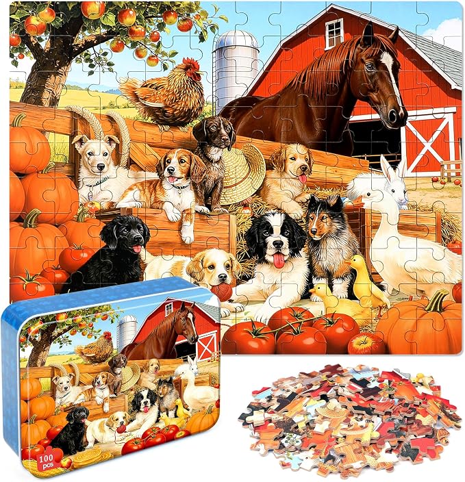 LELEMON Puzzles for Kids Ages 4-6,Pasture 100 Piece Puzzles for Kids Ages 6-8 in a Metal Box,Educational Jigsaw Puzzles,Childrens 100 Piece Puzzle Games Puzzle Toys for Girls and Boys