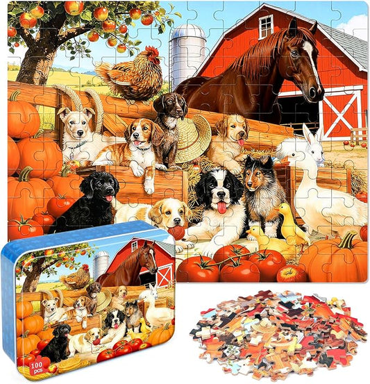LELEMON Puzzles for Kids Ages 4-6,Pasture 100 Piece Puzzles for Kids Ages 6-8 in a Metal Box,Educational Jigsaw Puzzles,Childrens 100 Piece Puzzle Games Puzzle Toys for Girls and Boys