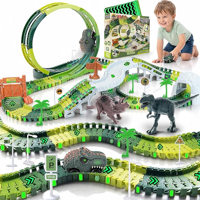 173 PCS Dinosaur Race Tracks for Kids Toys, Glow in The Dark Magic Toy Set with 360° Loop Ramp, 1 Dinosaur Car Track, 2 Realistic Dinosaurs, Flexible DIY Track Set, Gift for Boys Girls Age 3-9