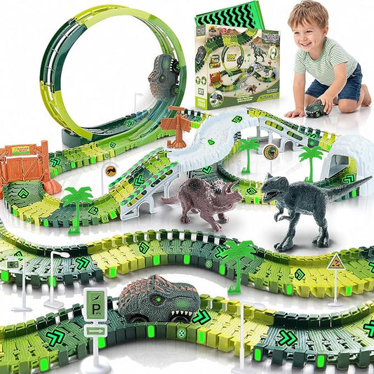 173 PCS Dinosaur Race Tracks for Kids Toys, Glow in The Dark Magic Toy Set with 360° Loop Ramp, 1 Dinosaur Car Track, 2 Realistic Dinosaurs, Flexible DIY Track Set, Gift for Boys Girls Age 3-9