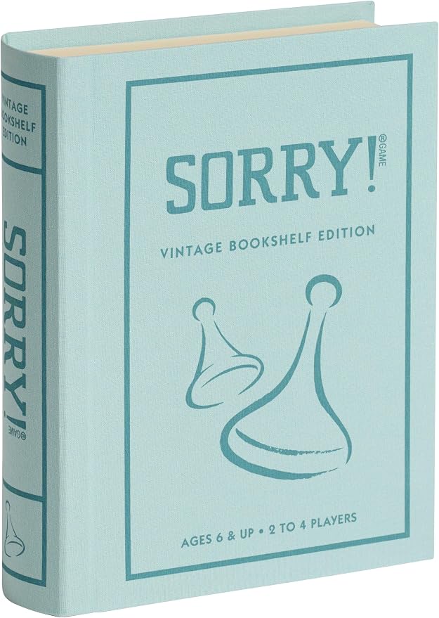 Sorry! Vintage Bookshelf Edition by WS Game Company - Classic Board Game in Linen-Wrapped Book Case with Retro 1958 Design, Wooden Pawns, and Full-Size Folding Game Board, for 2-4 Players, Ages 6+
