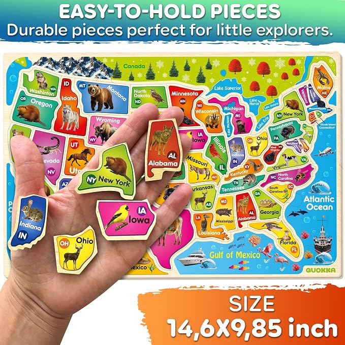 QUOKKA United States Puzzles for Kids Ages 4-6 - Realistic USA Map Wooden Puzzles for Kids Ages 3-5 - Montessori Wood Educational Toys for Toddlers 2-4 Years Old - Geography Learning Games for 6-8 yo