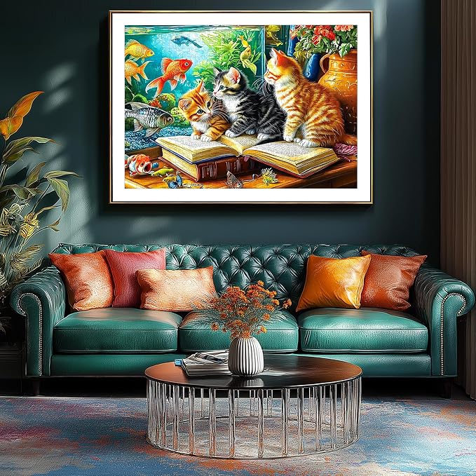 500 Piece Jigsaw Puzzles for Adults - Cats & Goldfish Aquarium Scene Colorful Kittens Book Puzzle with Letters on Back for Seniors Perfect for Game Night (23x15 Inch)