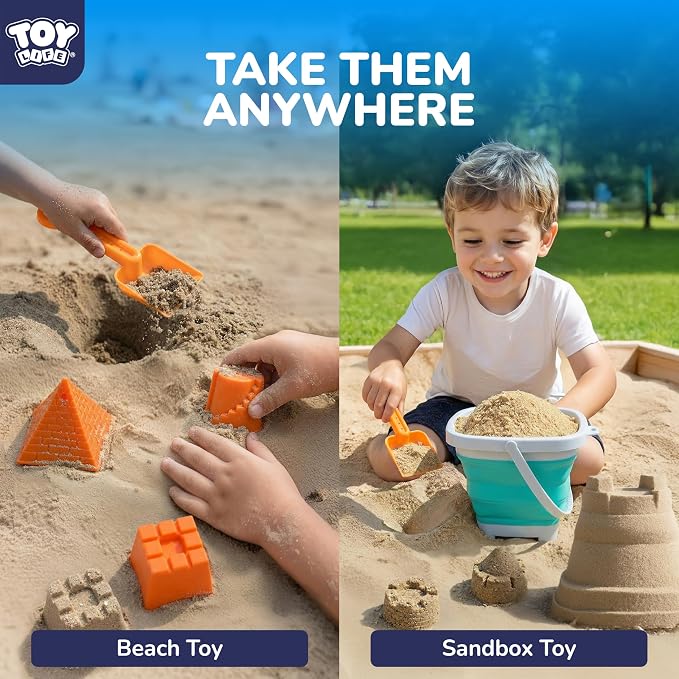 TOY Life 23 Pcs Ocean Beach Toys for Kids Ages 4-8 Collapsible Sand Toys with Watering Can, Silicone Bucket, Sand Castle Building Kit, Mesh Bag Ocean Animal Molds Travel Sandbox Toy for Summer Play