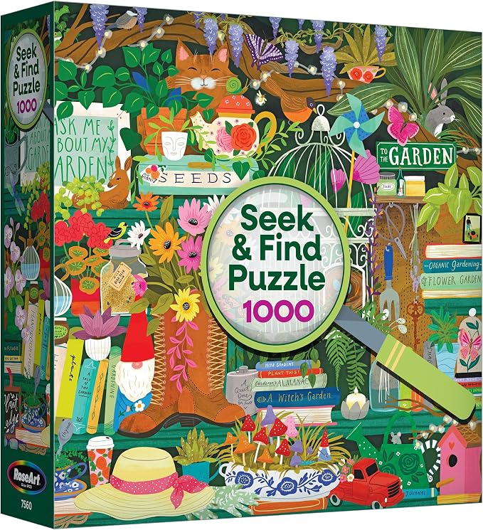 RoseArt - Seek & Find - Gardener's Library - 1000 Piece Jigsaw Puzzle for Adults, Hidden Object Puzzle, Vibrant Garden Scene, Premium Puzzle with Bonus Poster