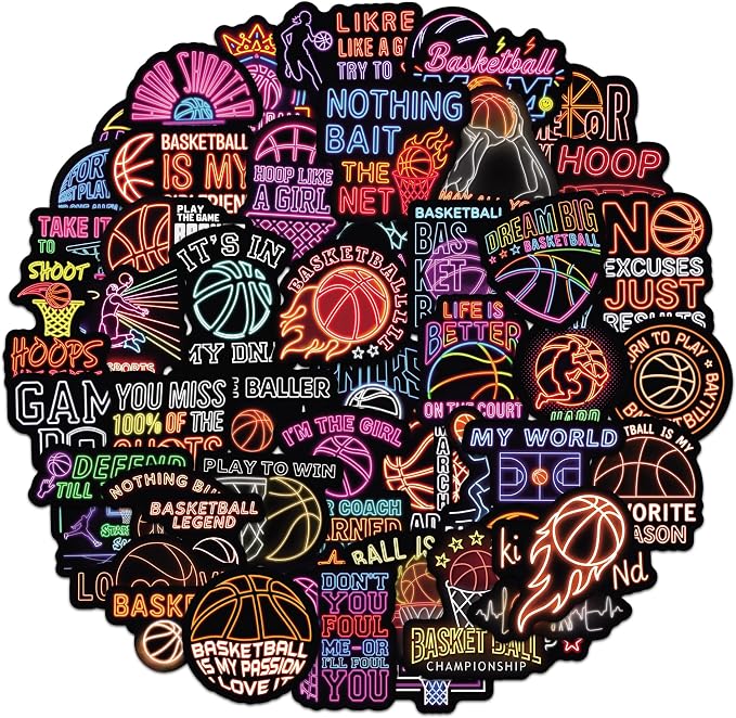 QTL Neon Basketball Stickers for Boys Teens, Basketball Party Supplies, Waterproof Vinyl Stickers for Water Bottles and Laptop, 50PCS