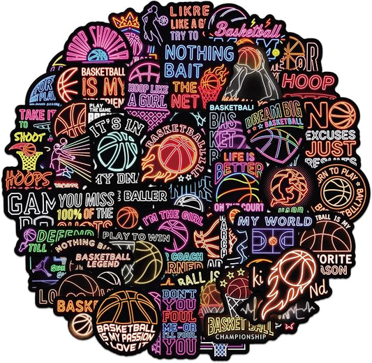 QTL Neon Basketball Stickers for Boys Teens, Basketball Party Supplies, Waterproof Vinyl Stickers for Water Bottles and Laptop, 50PCS
