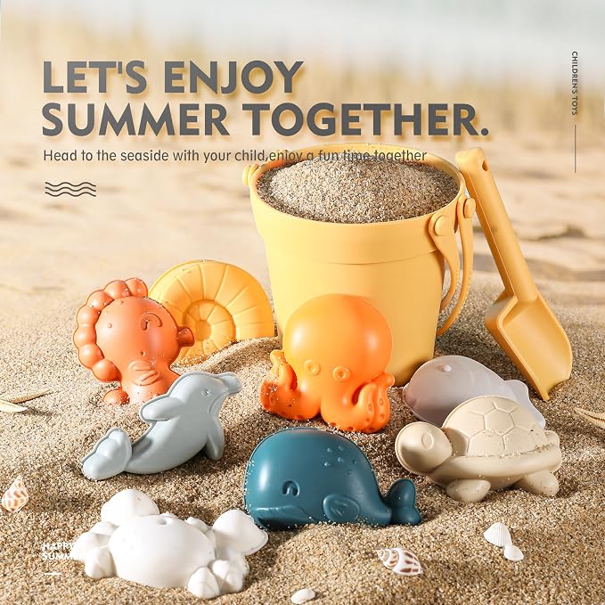 MarcZero 11Pcs Silicone Beach Toys,Modern Baby Beach Toys,Travel Friendly Beach Set,Eco Friendly Toy,Silicone Bucket, Shovel, 8 Sand Molds, Beach Bag,Silicone Sand Toys for Toddlers, Kids (Yellow)