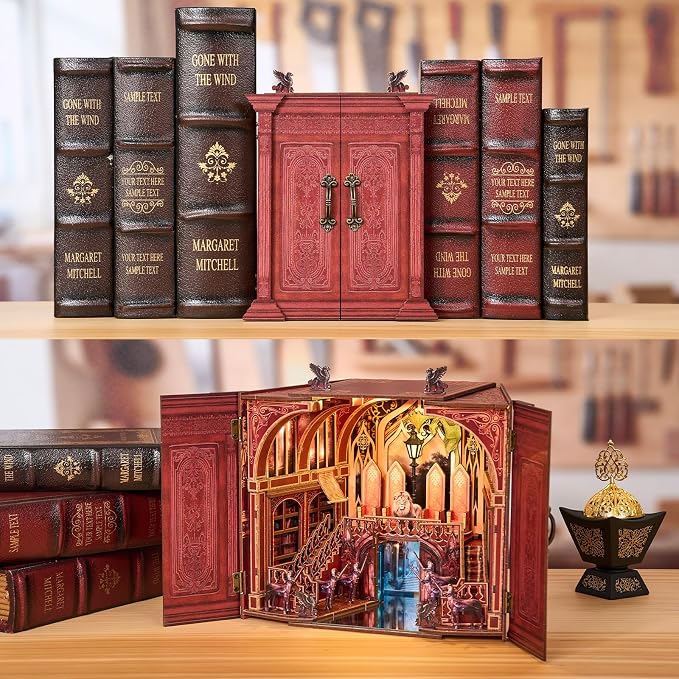 TOYQI Book Nook Kit, Book Nook Kits for Adults, DIY Miniature Dollhouse Kit | DIY Miniature Dollhouse Kit 3D Wooden Puzzle Booknook Bookend with LED Light