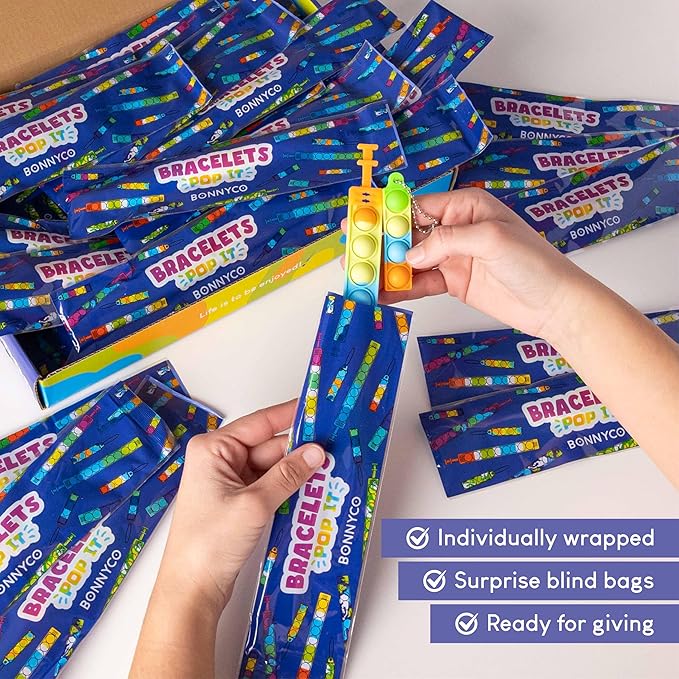 BONNYCO Pop It Bracelets and Keychains Pack 30 Kids Party Favors. Goodie Bags Stuffers for Kids, Fidget Toys Pop Its Bulk. Return Gifts for Birthday Party, Goody Bag Stuffers, Pinata, Classroom Prizes