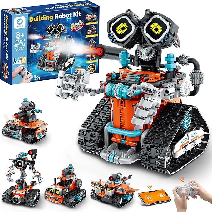 Sillbird Robot Building STEM Kit with Remote Control for Boys Ages 8-14, Coding Gifts for Kids Birthday, Buildable 5in1 Robotics Toy with 596 Pieces