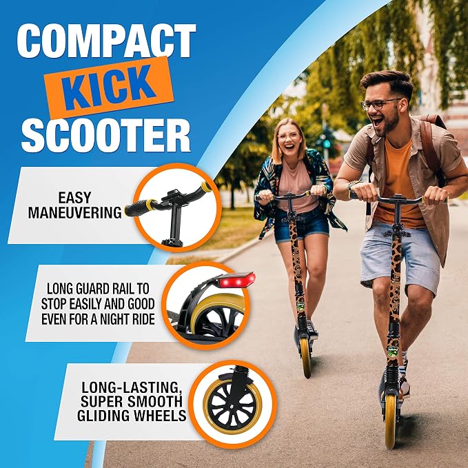 SereneLife Kick Scooter Adult Teenagers Kids- 2 Wheel Kids Scooter with Adjustable T-Bar Handlebar - Alloy Anti-Slip Deck - Portable Folding Scooters for Kids with Carrying Strap - Leopard