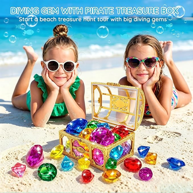 Swim Diving Games Pool Toys 17PCS Big Colorful Diamond Toy with Treasure Box Chest Summer Underwater Gemstone Outdoor Water Accessories for Kid Age 5 6 7 8 9 10 11 12 Year Old Girl Boy Stuff Fun Gift