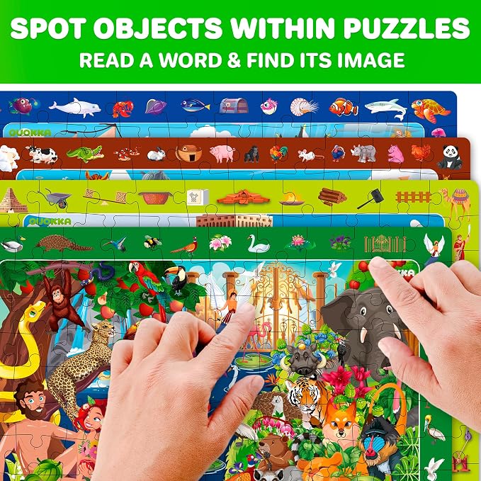QUOKKA 60 Piece Kids Puzzles Ages 5-8 - Set of 4 Bible Jigsaw Puzzles for Kids 4-6-10 Year Old - Tower of Babel - Noah`s Ark - Eden Toys for Children 5-7 yo - Christian Gifts for Boys & Girls