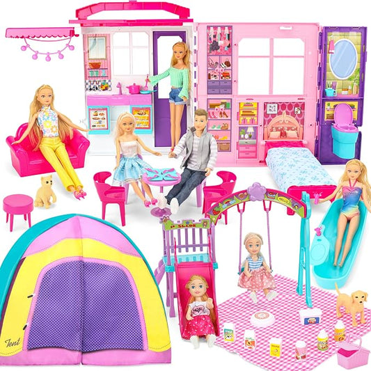 Style Shine Doll House Portable & Foldable Dollhouse w/ 60+ Pcs & 2 Dolls, Play House Toy with Bedroom Kitchen Furniture Camping Playset, Playhouse Gift for Girl Kid Toddler