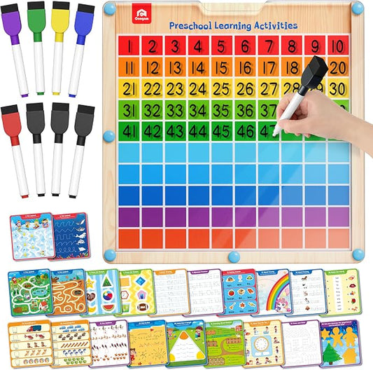 Coogam Handwriting Hundred Board, Wooden Montessori Math Manipulative 1-100 Counting Toy, Alphabet Writing Practice, Preschool Learning, Fine Motor Skills Game for Kids 3-8 with Storage Bag