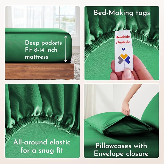 California Design Den Deep Pocket Queen Sheets Set - Natural 100% Cotton Sheets Queen Size Bed Set, Soft Sateen Weave, Breathable and Durable Bedding (Emerald Green)