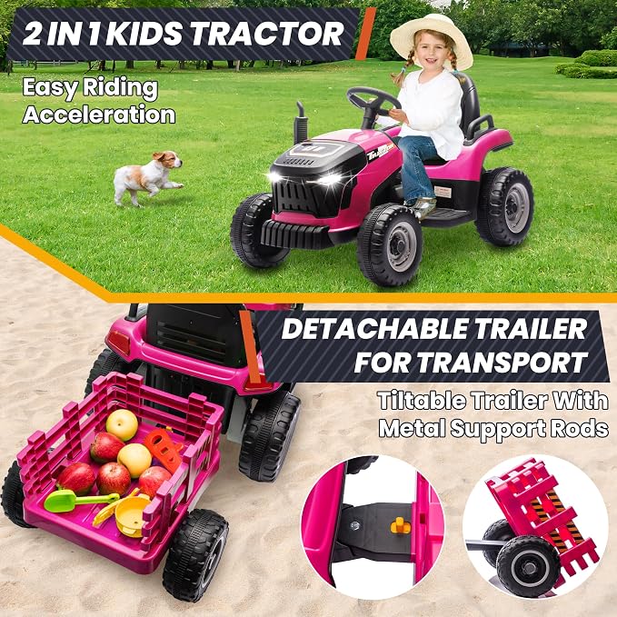 JOYRACER 24V Ride On Tractor for Kids, Electric Ride on Toys w/400W Motors, Tiltable & Detachable Trailer, Adjustable Seat, Bluetooth, Music, Remote Control Electric Tractor for Kids, Pink