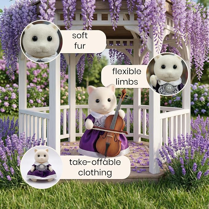 Family Cream Cat Figures — Set of 3 Collectible Flocked Mini Dolls with Removable Clothes, Dollhouse Pretend Play Set for Kids Ages 3+