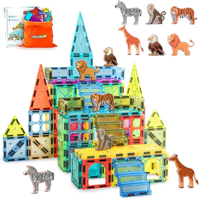 Magnetic Tiles for Kids 62PCS Magnet Animals Tiles Building with Storage Bag Set for Toddler Construction STEM Tiles Micro Toys Gifts for Ages 3-8 Preschool Boys Girls Birthday Christmas