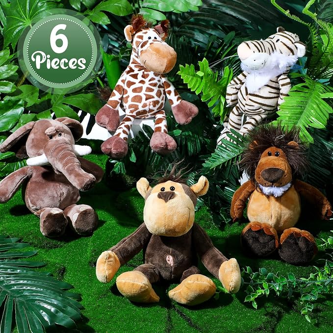 Zhanmai 6 Pieces Safari Stuffed Animals Plush Jungle Toys Set for Boys Girls, Lion Elephant Zebra Giraffe Tiger Monkey for Animal Themed Parties Student Party Decoration(Novel Style)