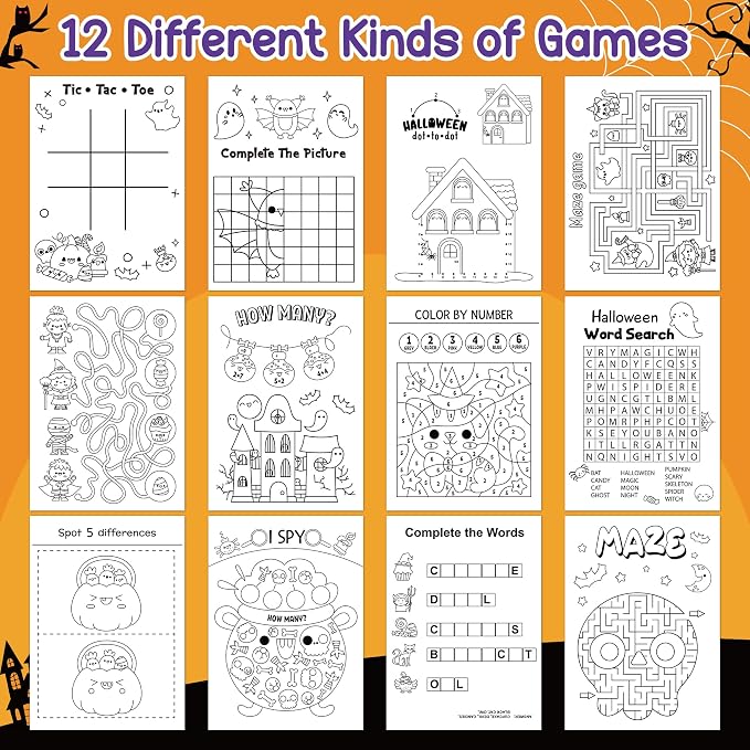 Halloween Activity Books for Kids - 24Pcs Happy Halloween Mini Games Coloring Book Set Bulk Mazes Word Search Word Scramble Games for Classroom DIY Art Gifts Trick or Treat Holiday Party Favors
