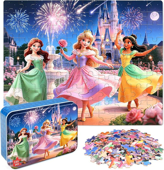 MZZOTOY Princess Puzzle for Kids Ages 4-8, 100 Pieces Jigsaw Puzzles for Kids Ages 3-5， Learning Educational Puzzles Toys Great Gift for Boys Girls in a Metal Box